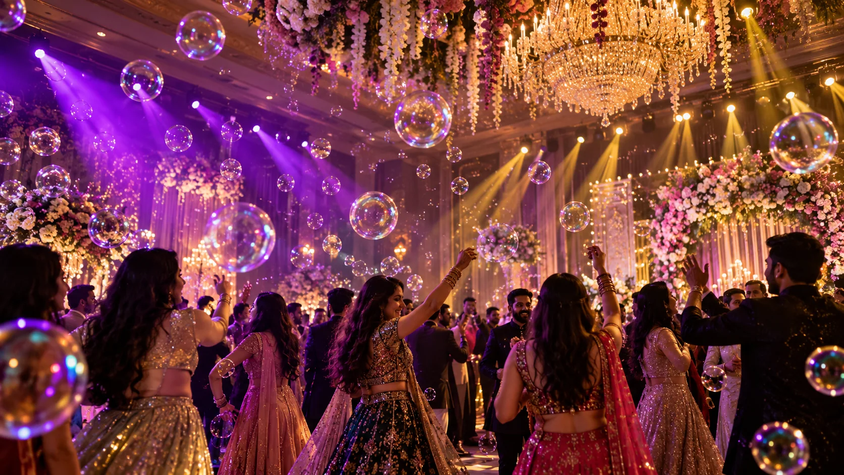 Purple and gold event lighting with floating bubbles